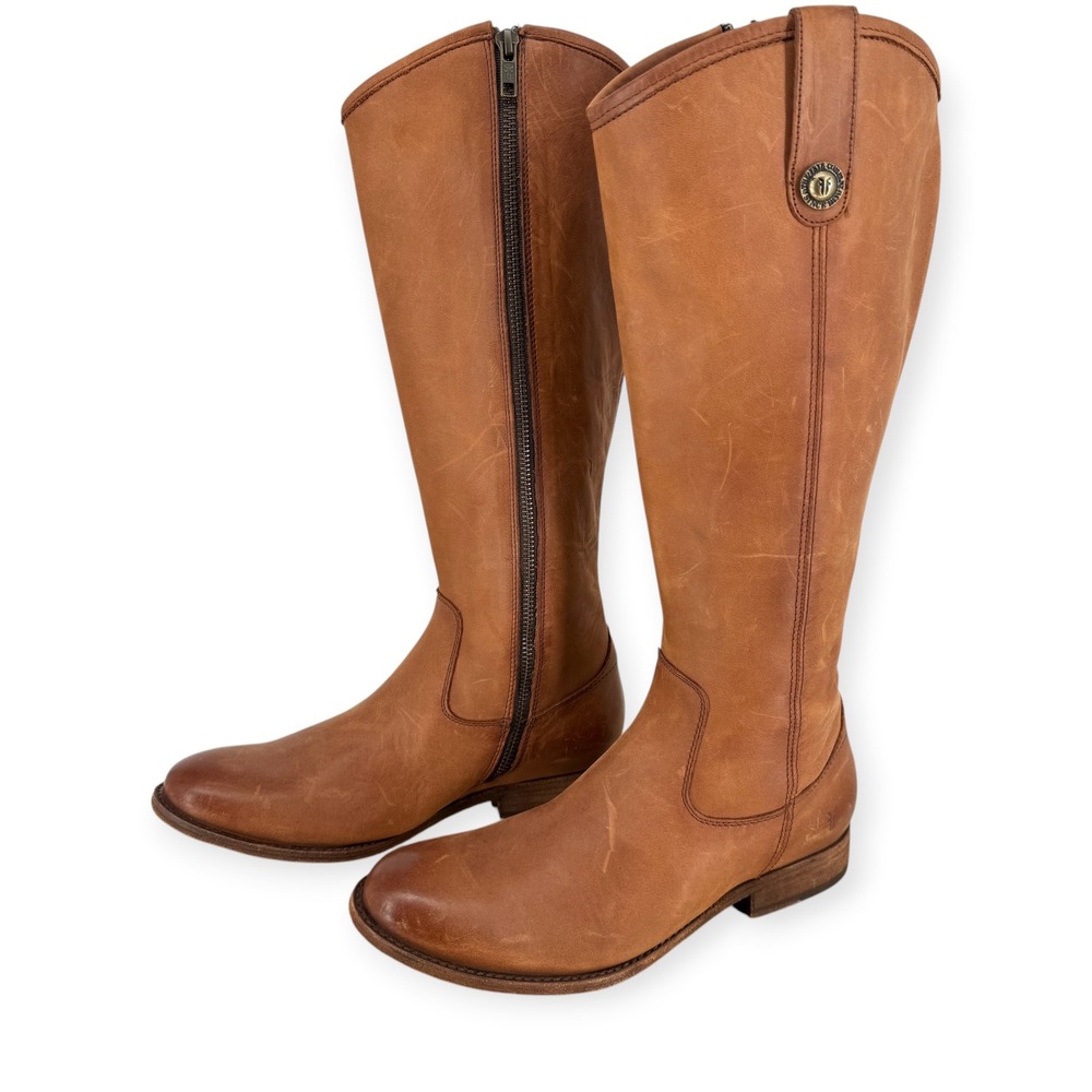 Frye Melissa Button Tall Leather Boots Tan Brown Equestrian Zip Up Women 7.5